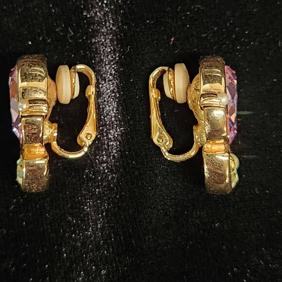 Marked Swarovski Crystal Earrings Faceted Pink Amethyst Green Clip on Jewelry - Picture 5 of 8